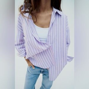 Zara Oxford stripped oversized Purple and White long sleeve button up v-neck